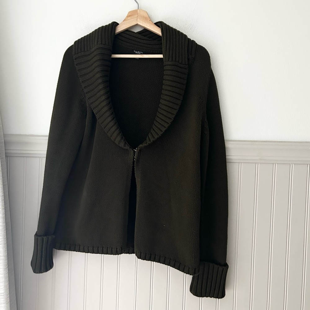 Talbots Large Chunky Dark Olive Knit Cardigan Clasp Close Sweater 100% Cotton